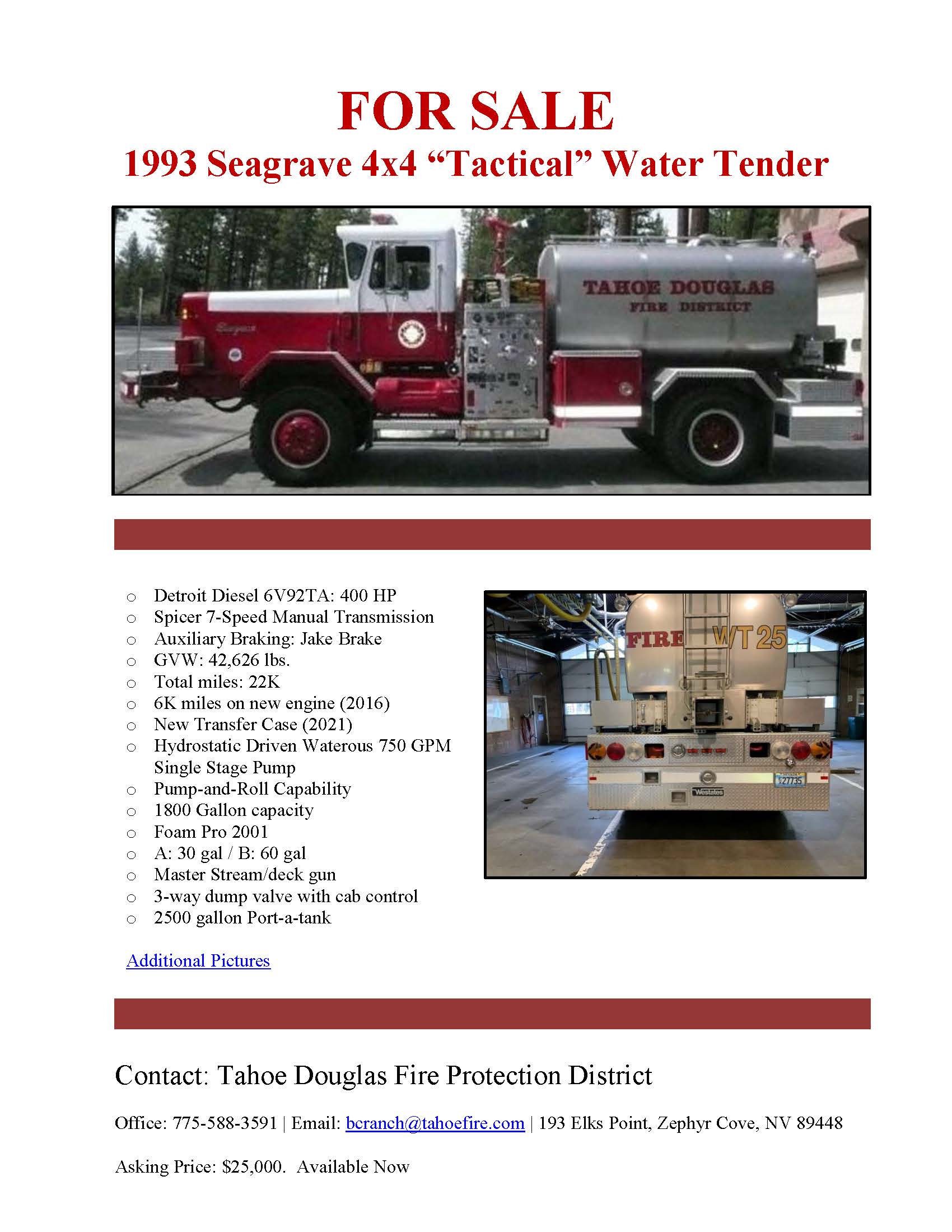 1993 Seagrave 4x4 Water Tender